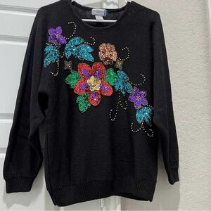 Vintage Black Sweater with Colorful Floral Embroidery